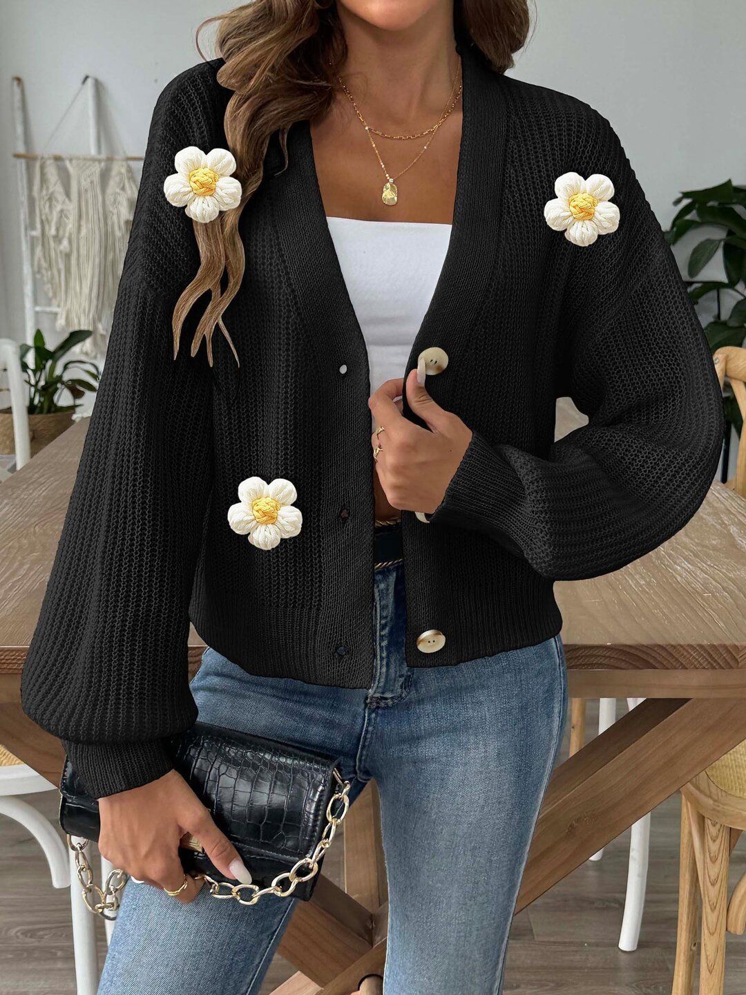 Women Ribbed Cardigan with Applique Detail