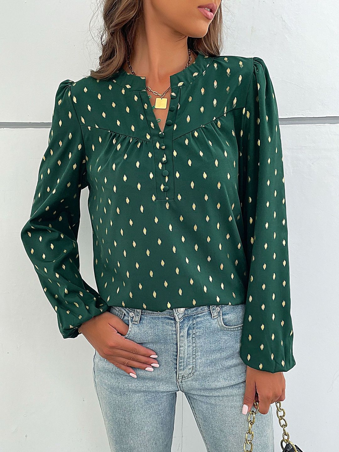 Women's Green Geometric Print Puff Sleeve Top