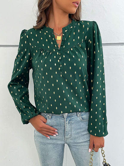 Women's Green Geometric Print Puff Sleeve Top