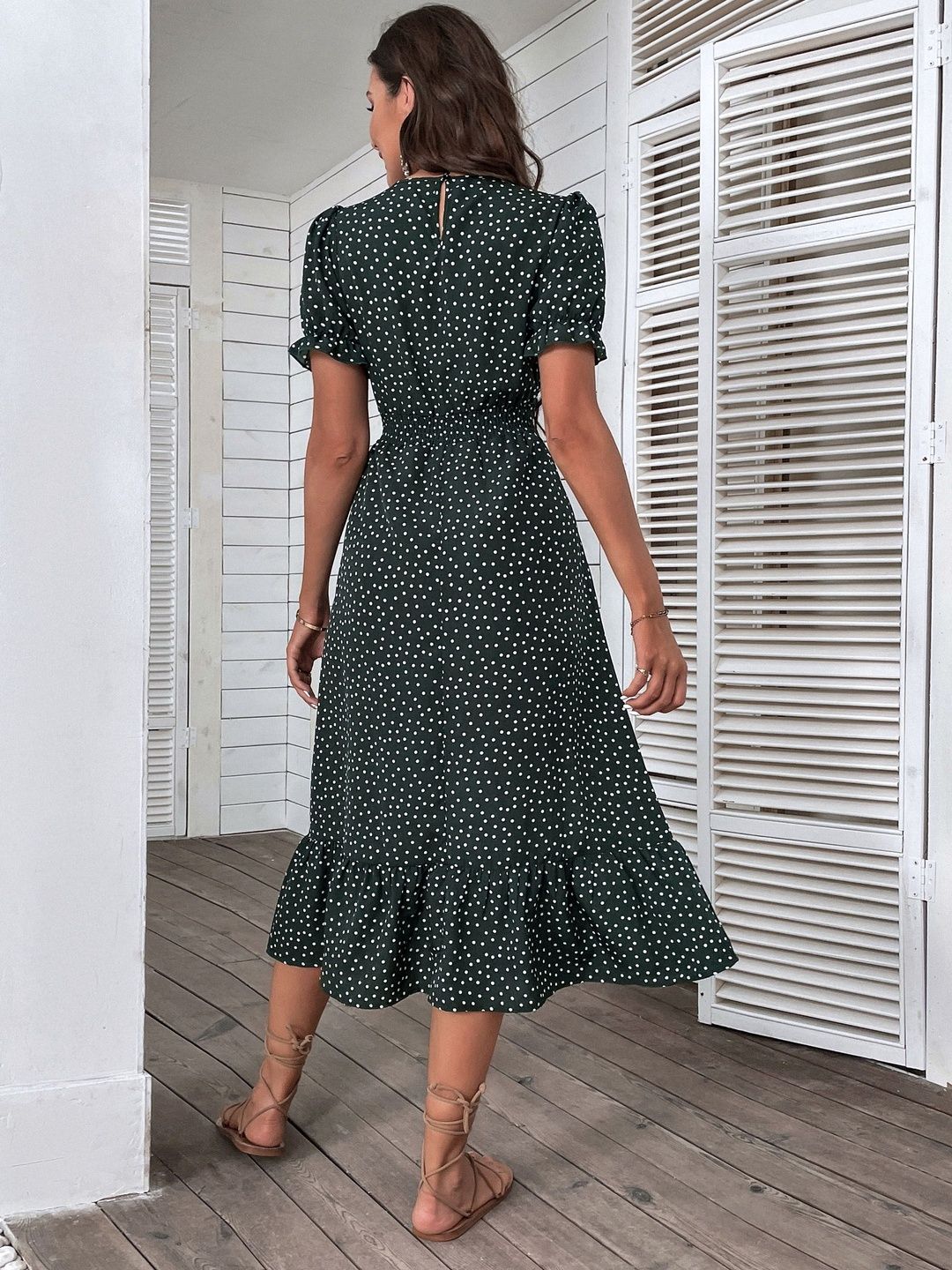 Polka Dot Print Puff Sleeve Fit & Flare Midi Dress