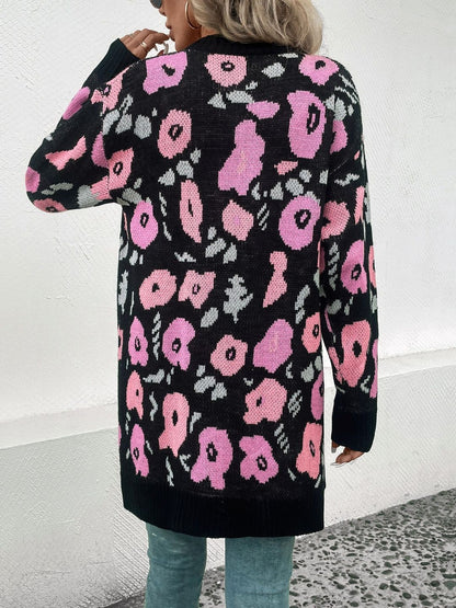 Women's Black Floral Printed Cardigan Blend Regular Fit