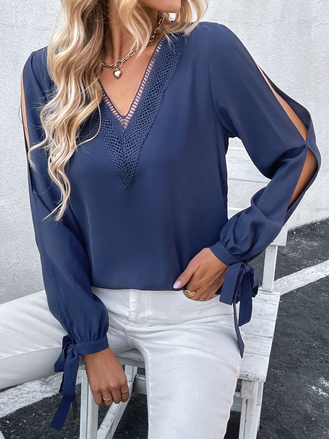 Women's Blue Nowi Cold-Shoulder Top