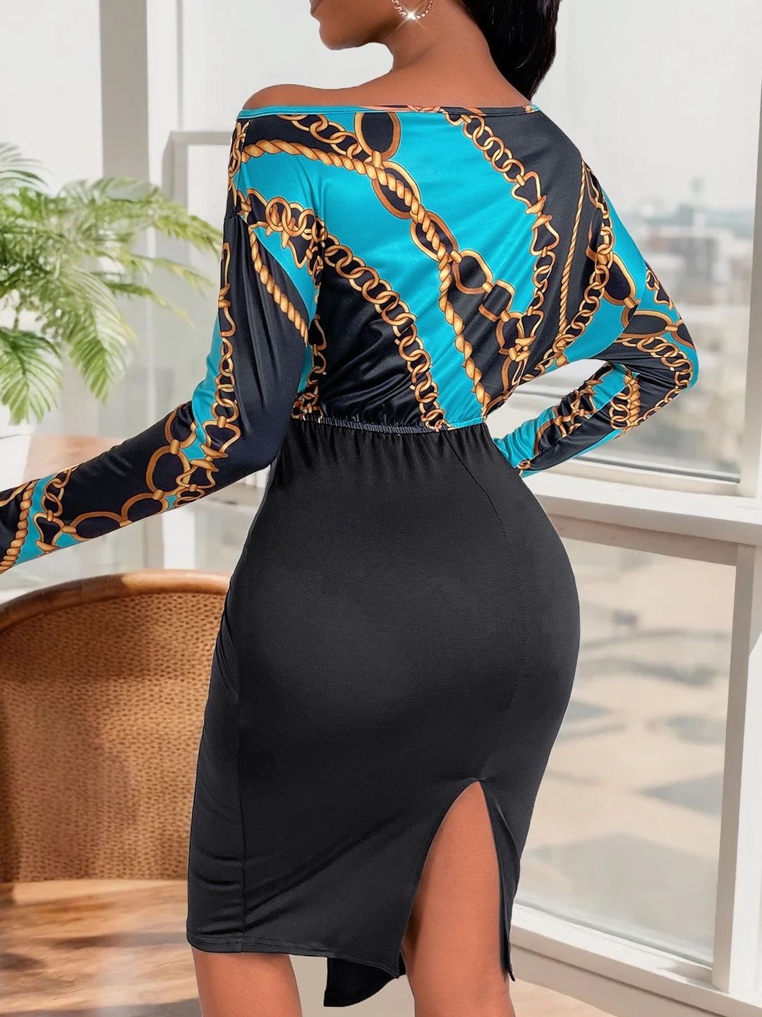 Women's Black Print Off-Shoulder Batwing Sleeve Bodycon