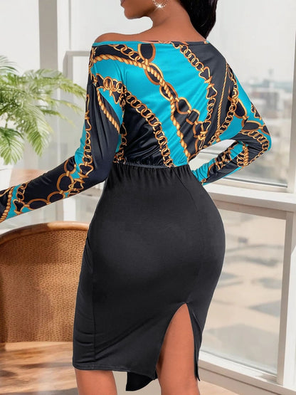 Women's Black Print Off-Shoulder Batwing Sleeve Bodycon