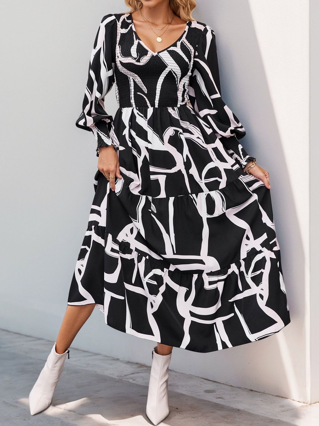 Women's Black Print A-Line Midi Dress Blend