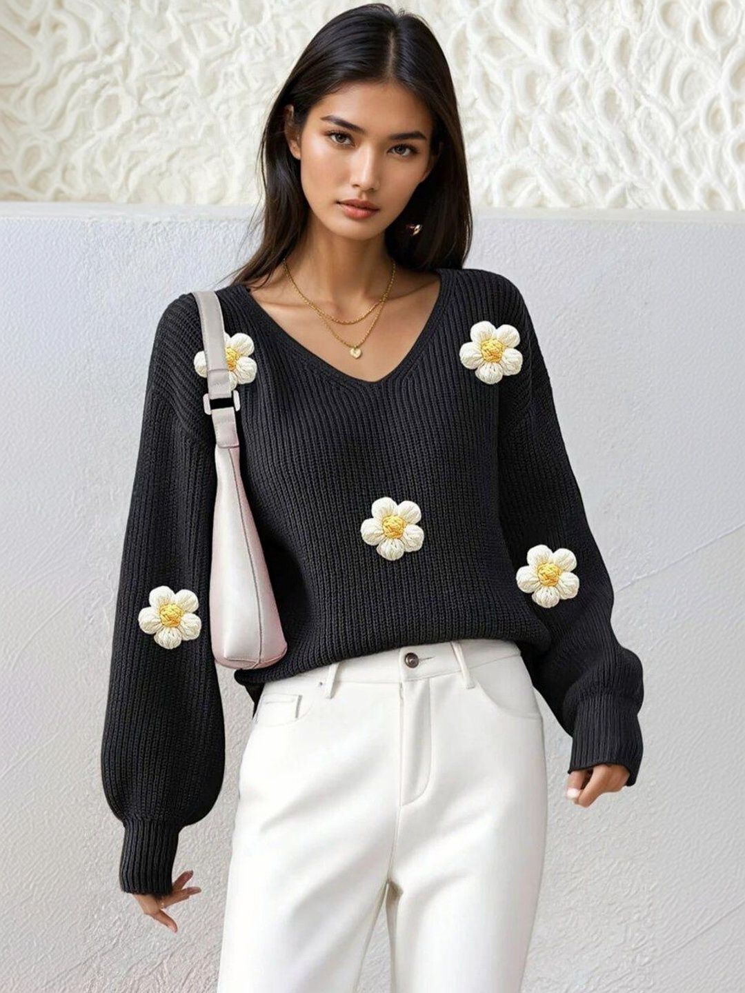 Embroidered Ribbed Pullover with Embroidered Detail in Black acrylic Long Sleeve - Nowi Korean Fashion