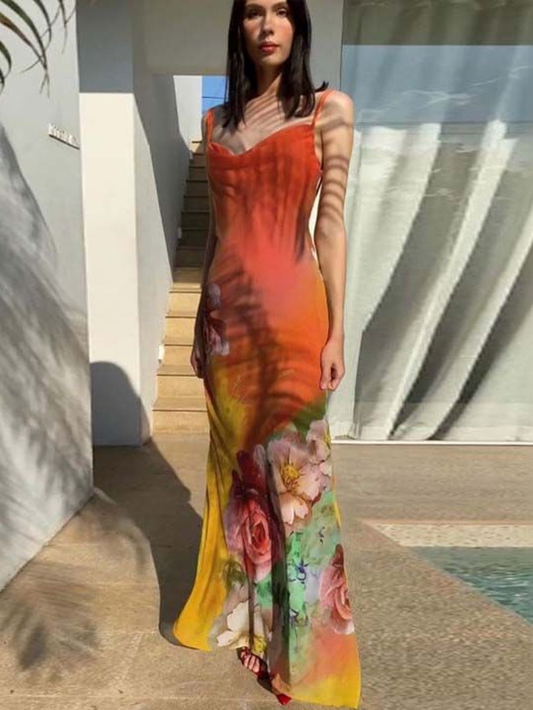 Floral Print Cowl Neck Sheath Maxi Dress