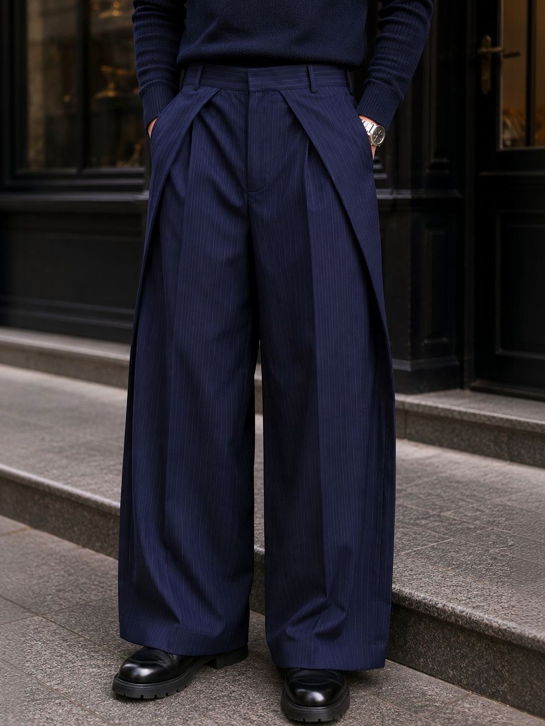 Men Striped Relaxed High-Rise Easy Wash Pleated Trousers