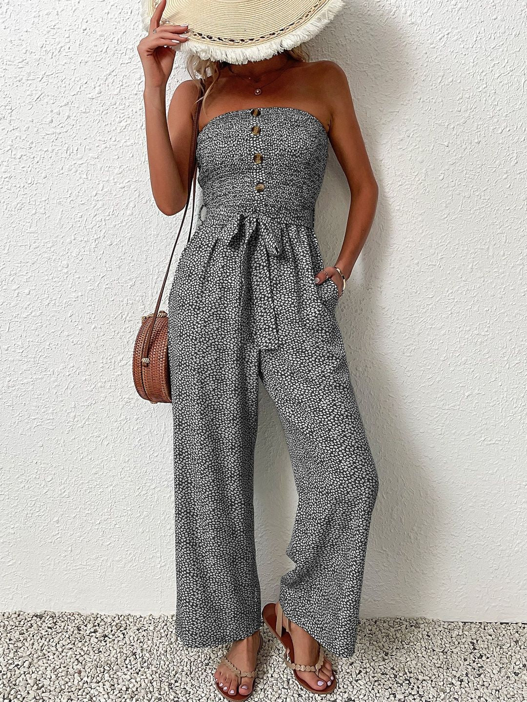Strapless Printed Basic Jumpsuit in Black cotton - Nowi Korean Fashion