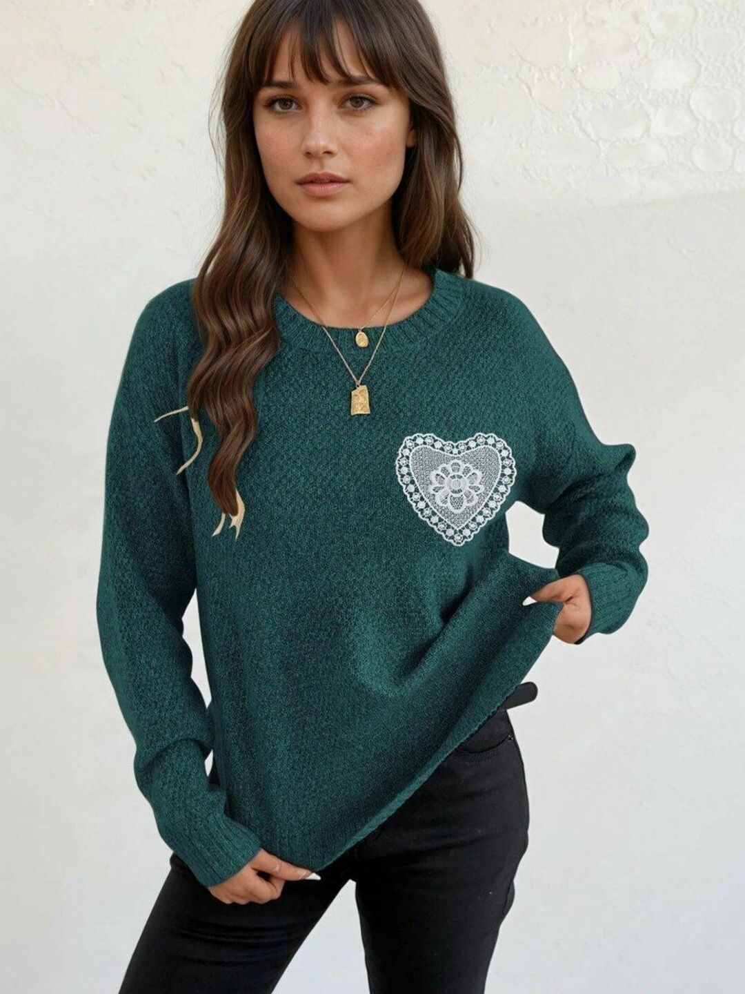 Embroidered Pullover with Embroidered Detail in Green acrylic - Nowi Korean Fashion