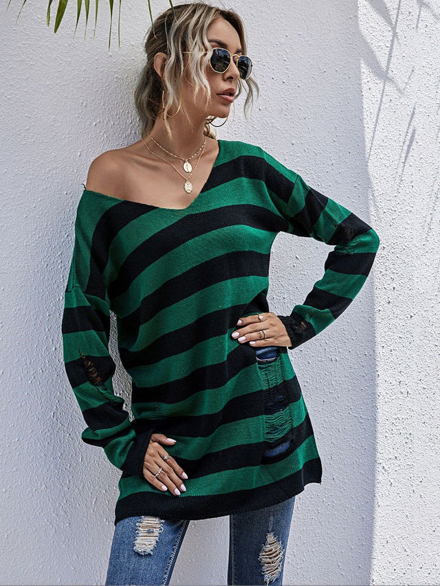 Striped Pullover in Green Style 399 - Nowi Korean Fashion