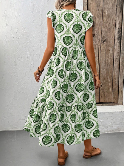 Floral Print Flutter Sleeve Fit & Flare Midi Dress