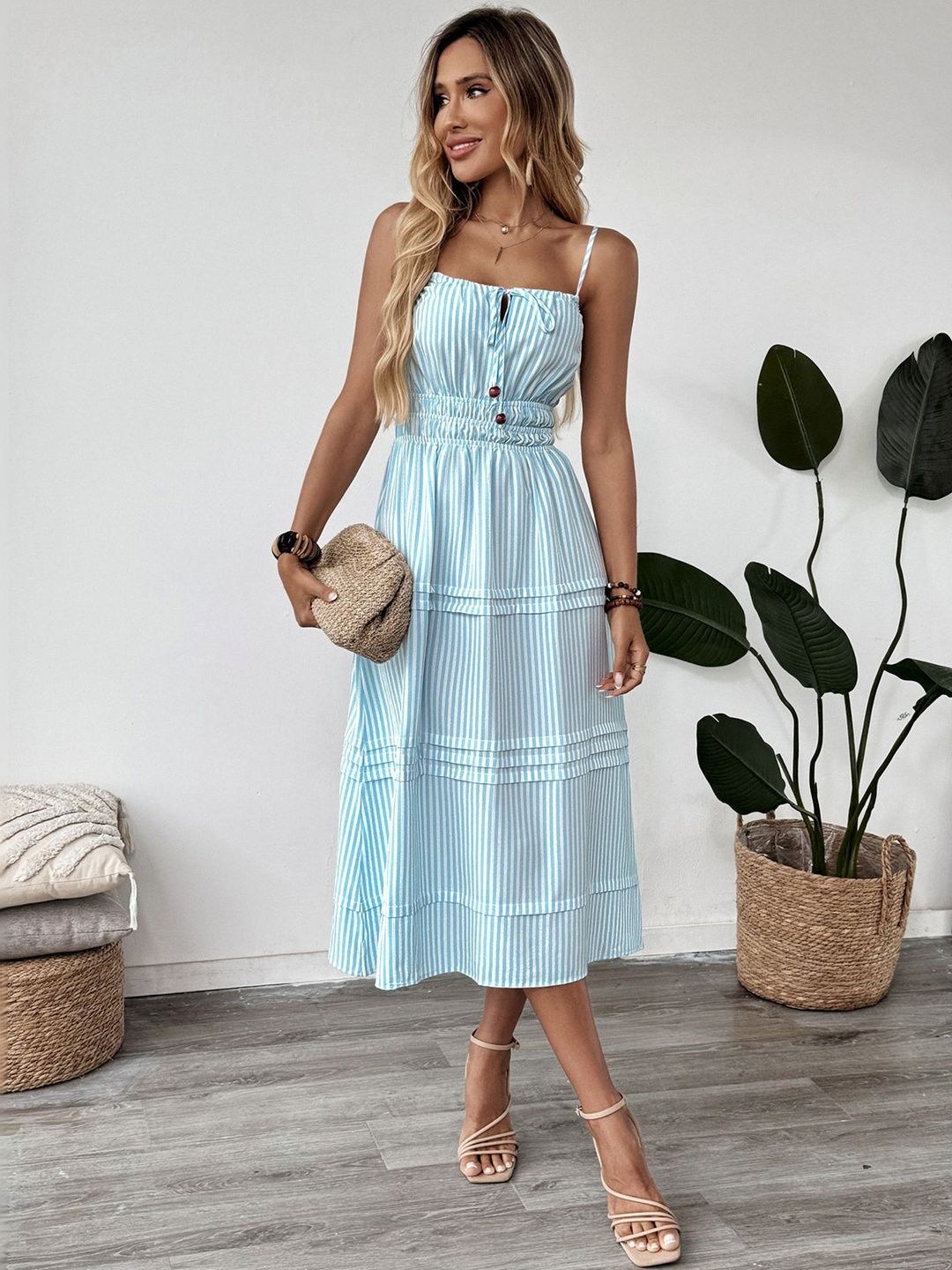 Striped Fit & Flare Midi Dress in Blue cotton - Nowi Korean Fashion