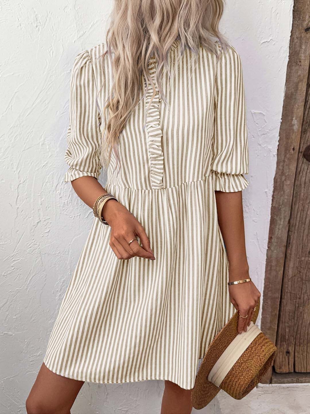 Striped Puff Sleeve Ruffled A-Line Dress in White - Nowi Korean Fashion