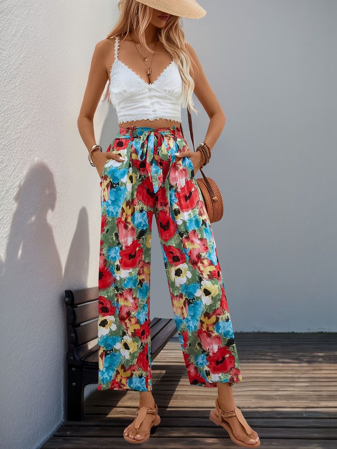 Floral Printed Non Iron Pleated Trousers - Nowi Korean Fashion