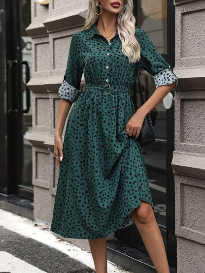 Women's Green Polka Dot Print Shirt Midi Dress