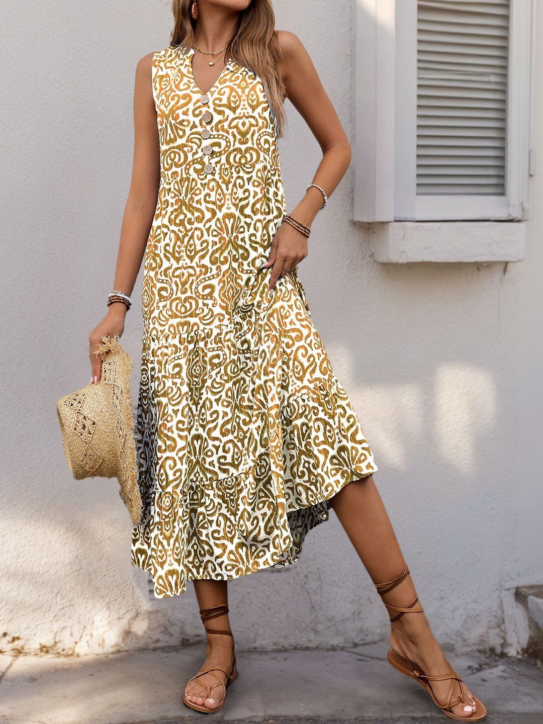 Bohemian Print A-Line Midi Dress