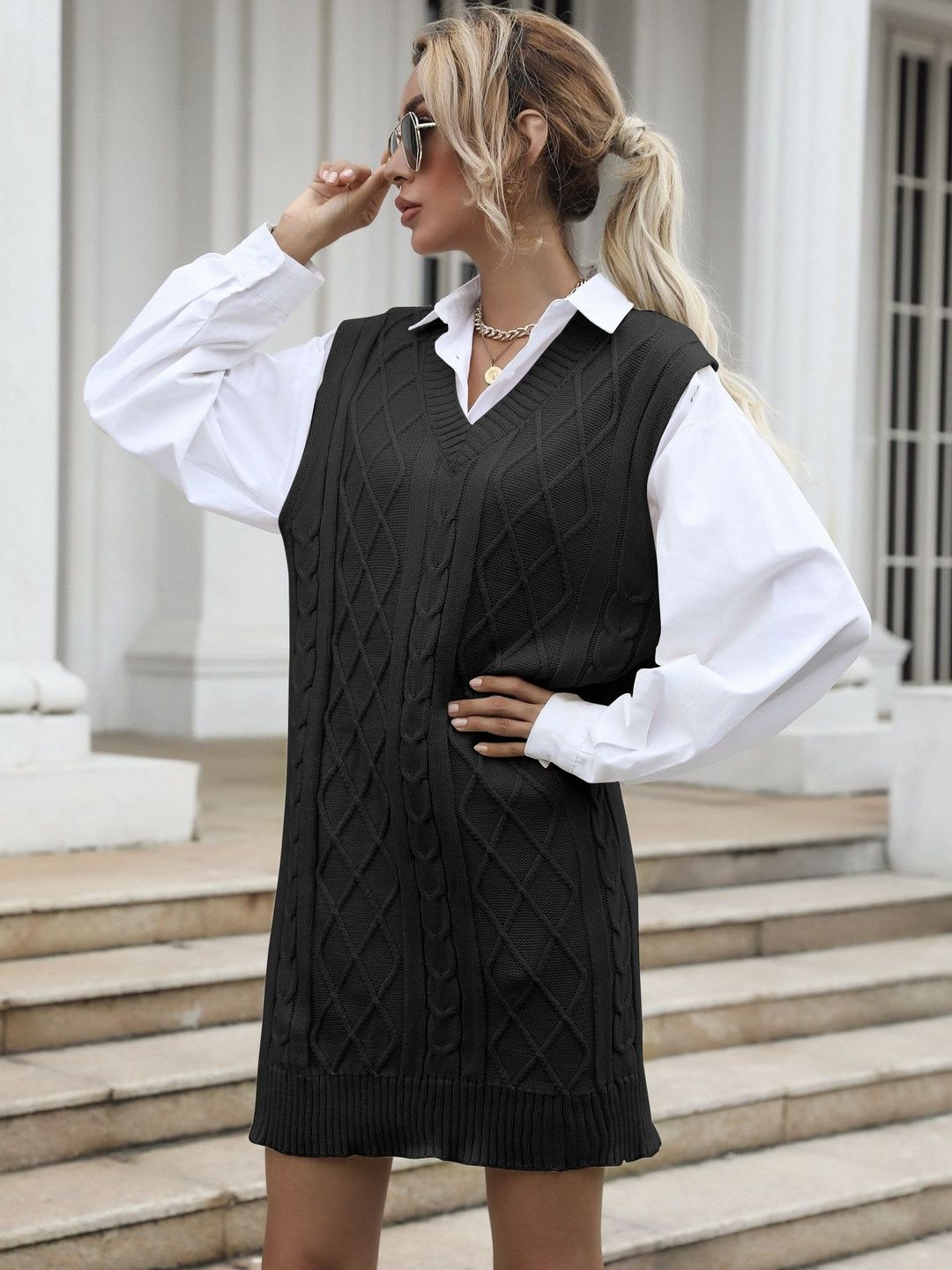 Women's Black Cable Knit Sweater Vest