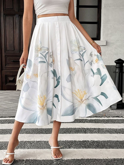 Printed Flared Mid Rise Midi Skirts in White cotton - Nowi Korean Fashion