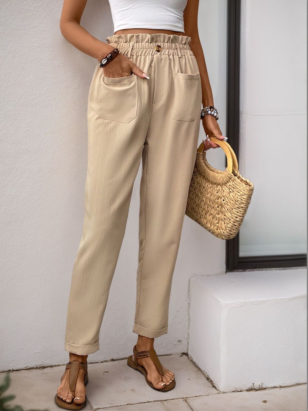 High-Rise Non Iron Trousers in Beige cotton Style 522 - Nowi Korean Fashion