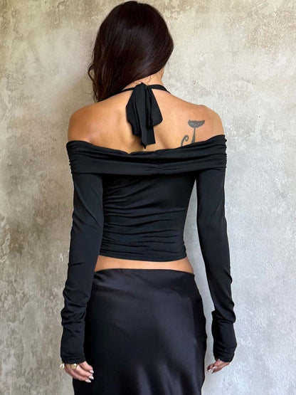 Women's Black Halter Neck Crop Top Blend