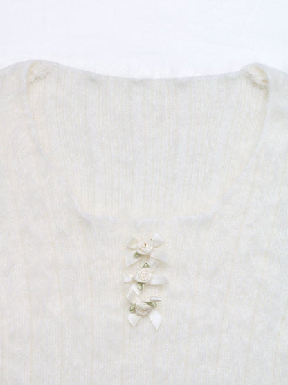Women's White Ribbed Crop Pullover With Applique Detail