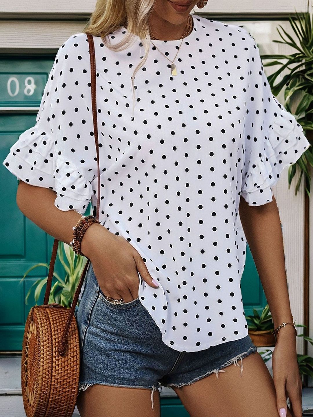 Polka Dot Print Flared Sleeve Ruffles Cotton Top