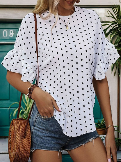 Polka Dot Print Flared Sleeve Ruffles Cotton Top
