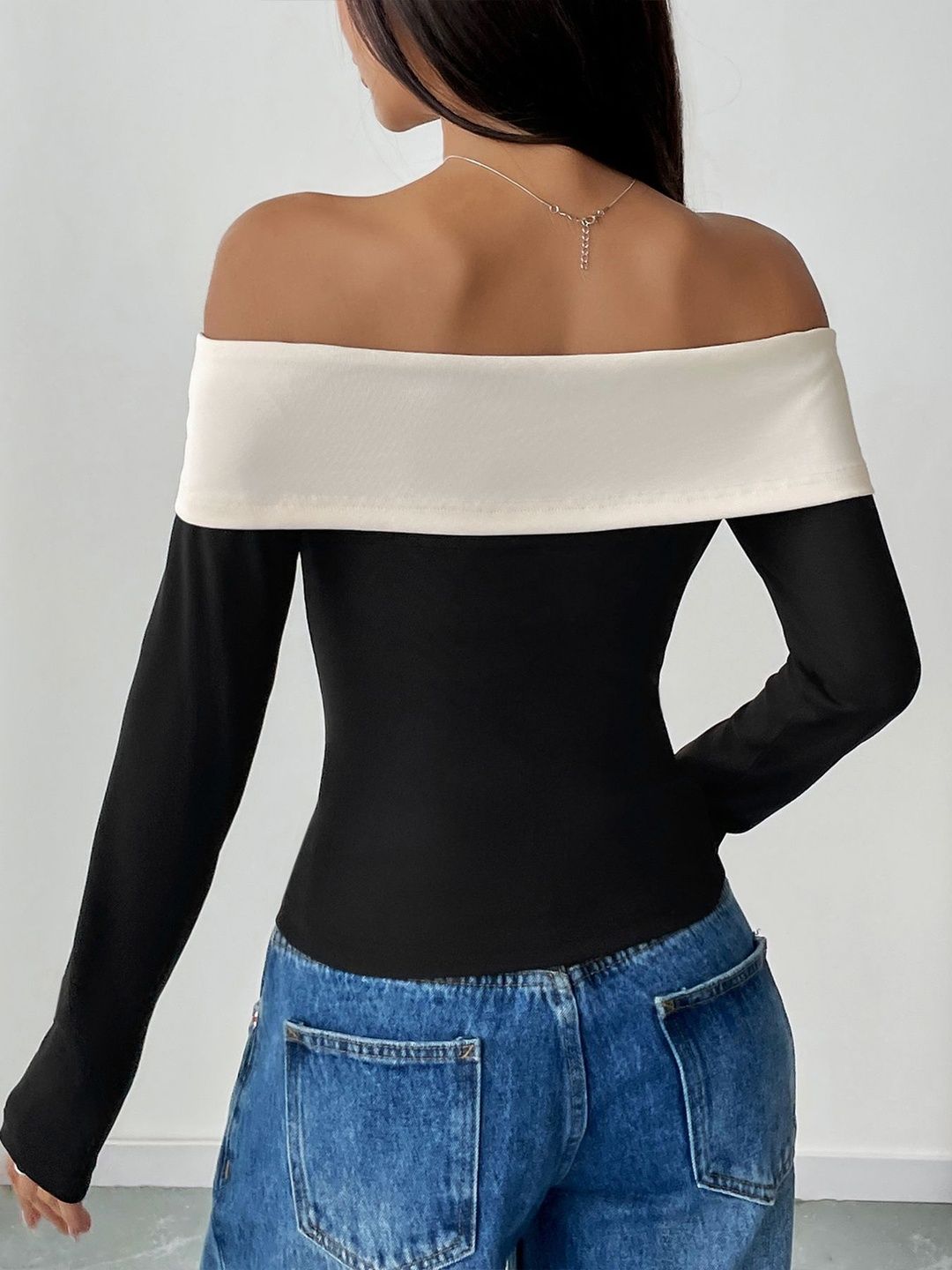 Colourblocked Off-Shoulder Top with Bow Detail