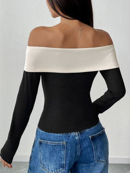 Colourblocked Off-Shoulder Top with Bow Detail
