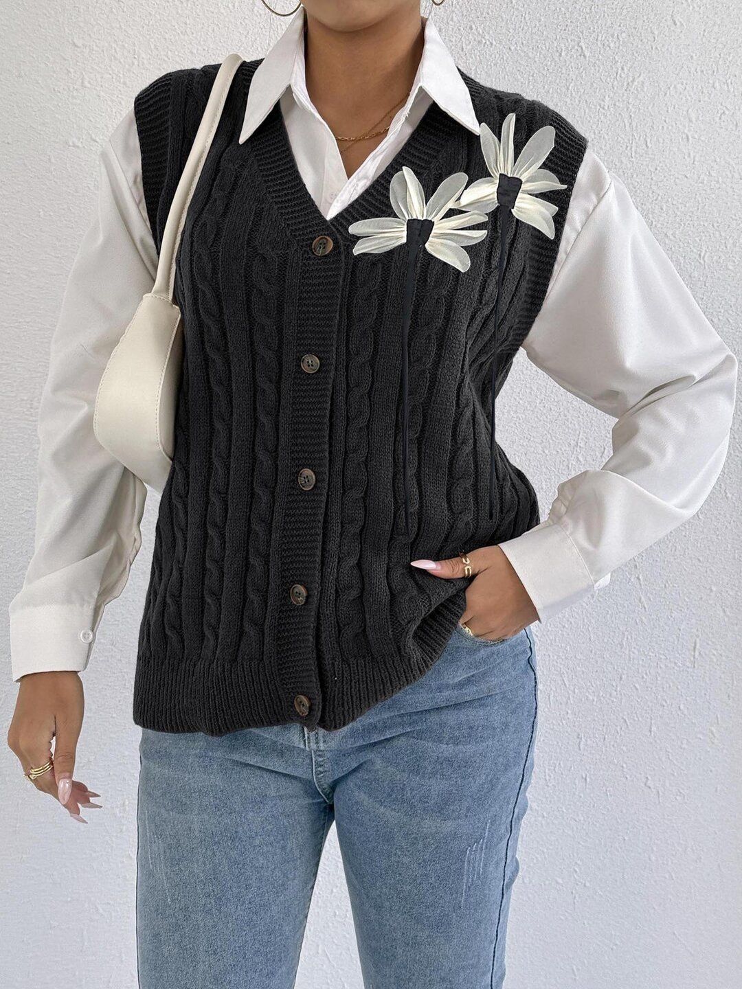 Women Cable Knit Ribbed Sweater Vest with Embellished Detail