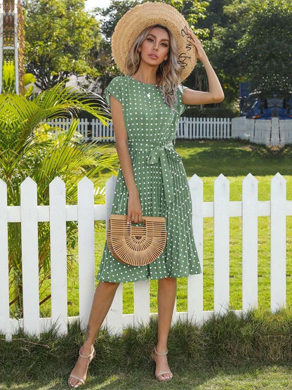 Polka Dot Print Fit & Flare Midi Dress in Green polyester - Nowi Korean Fashion