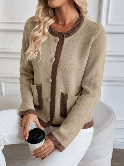 Colourblocked Cardigan in Beige - Nowi Korean Fashion