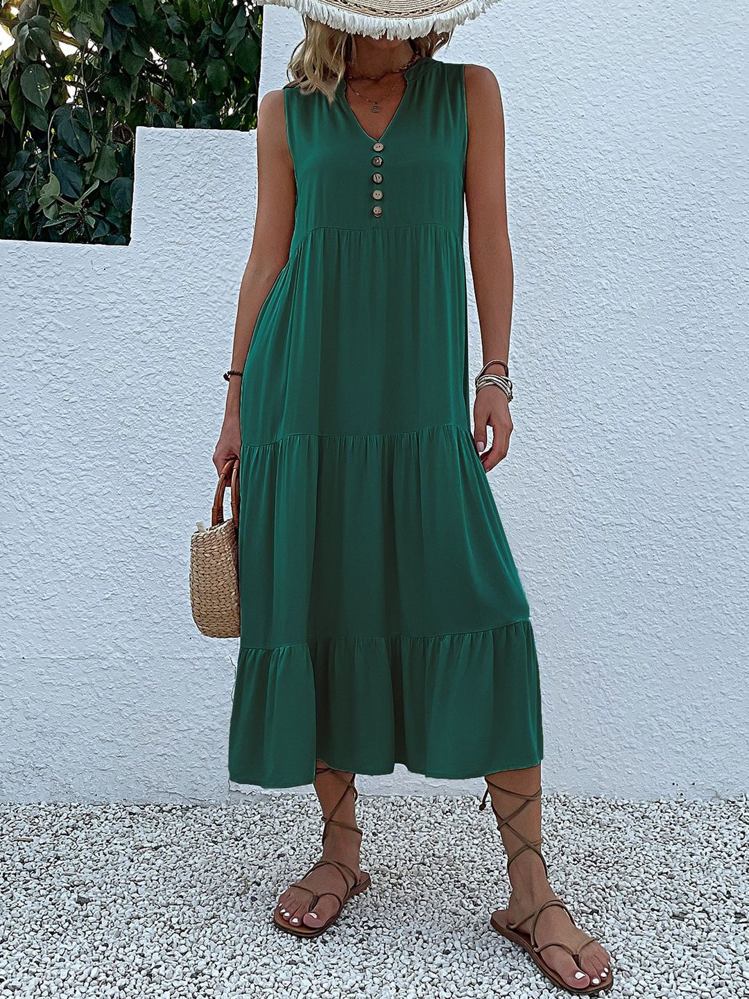 A-Line Midi Dress in Green cotton Style 173 - Nowi Korean Fashion