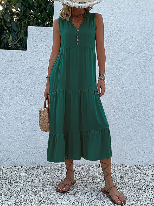 A-Line Midi Dress in Green cotton Style 173 - Nowi Korean Fashion