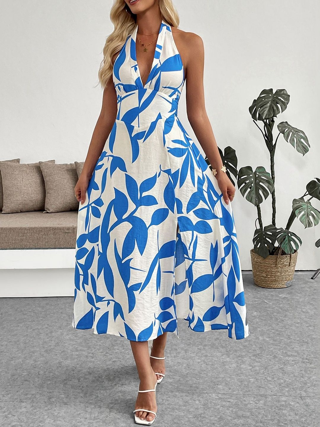 Floral Print Halter Neck A-Line Midi Dress
