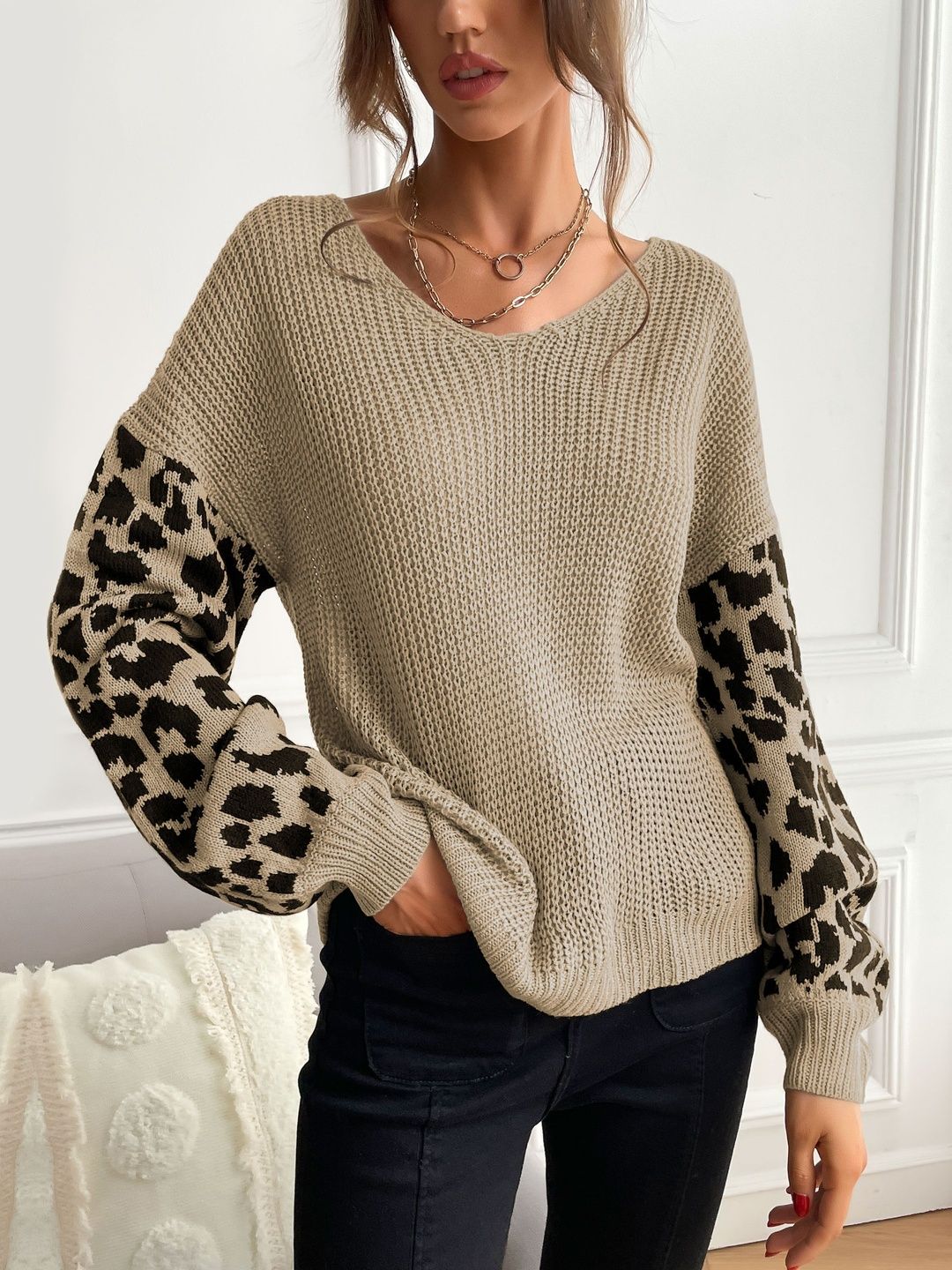 Animal Printed Pullover in Beige - Nowi Korean Fashion