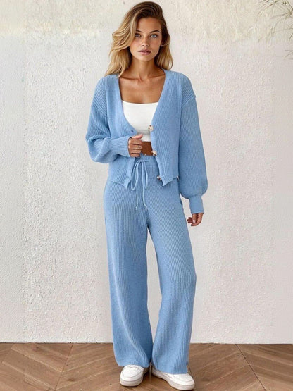 Ribbed Crop Cardigan in Blue acrylic Style 455 - Nowi Korean Fashion