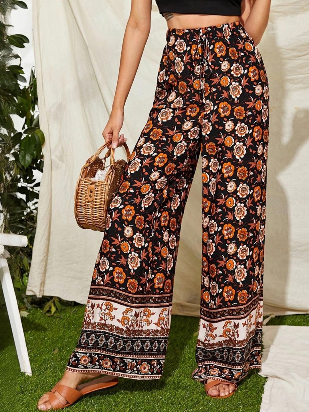 NOWI Women Floral Printed High-Rise Loose Fit Wide Leg Trousers