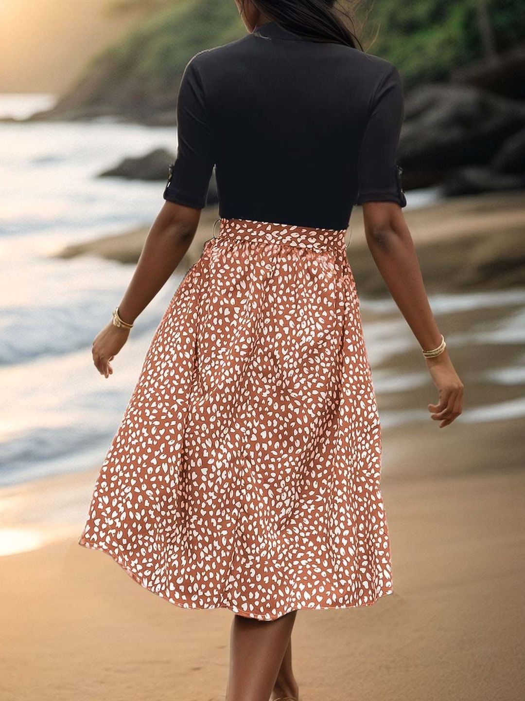 Women's Orange Nowi Print Fit & Flare Midi Dress
