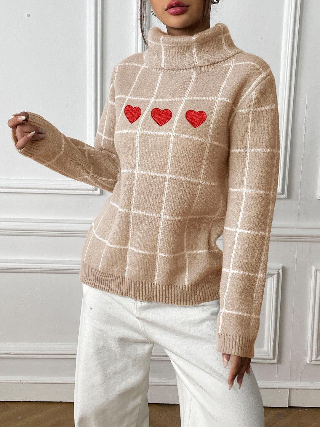Women Checked Pullover with Embroidered Detail