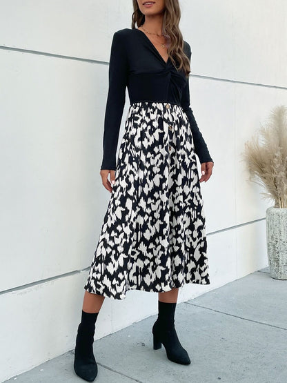 Women's Black Print Fit & Flare Midi Dress Blend Printed