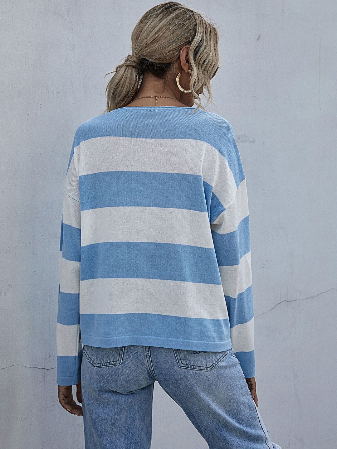 Women's Blue Striped Pullover Blend Regular Fit