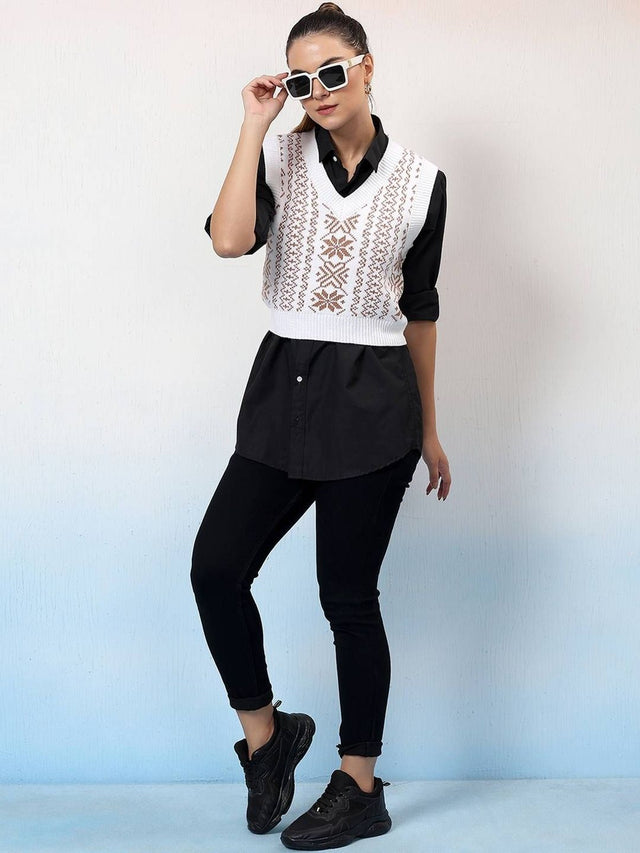 NOWI Women Fair Isle Woollen Crop Sweater Vest