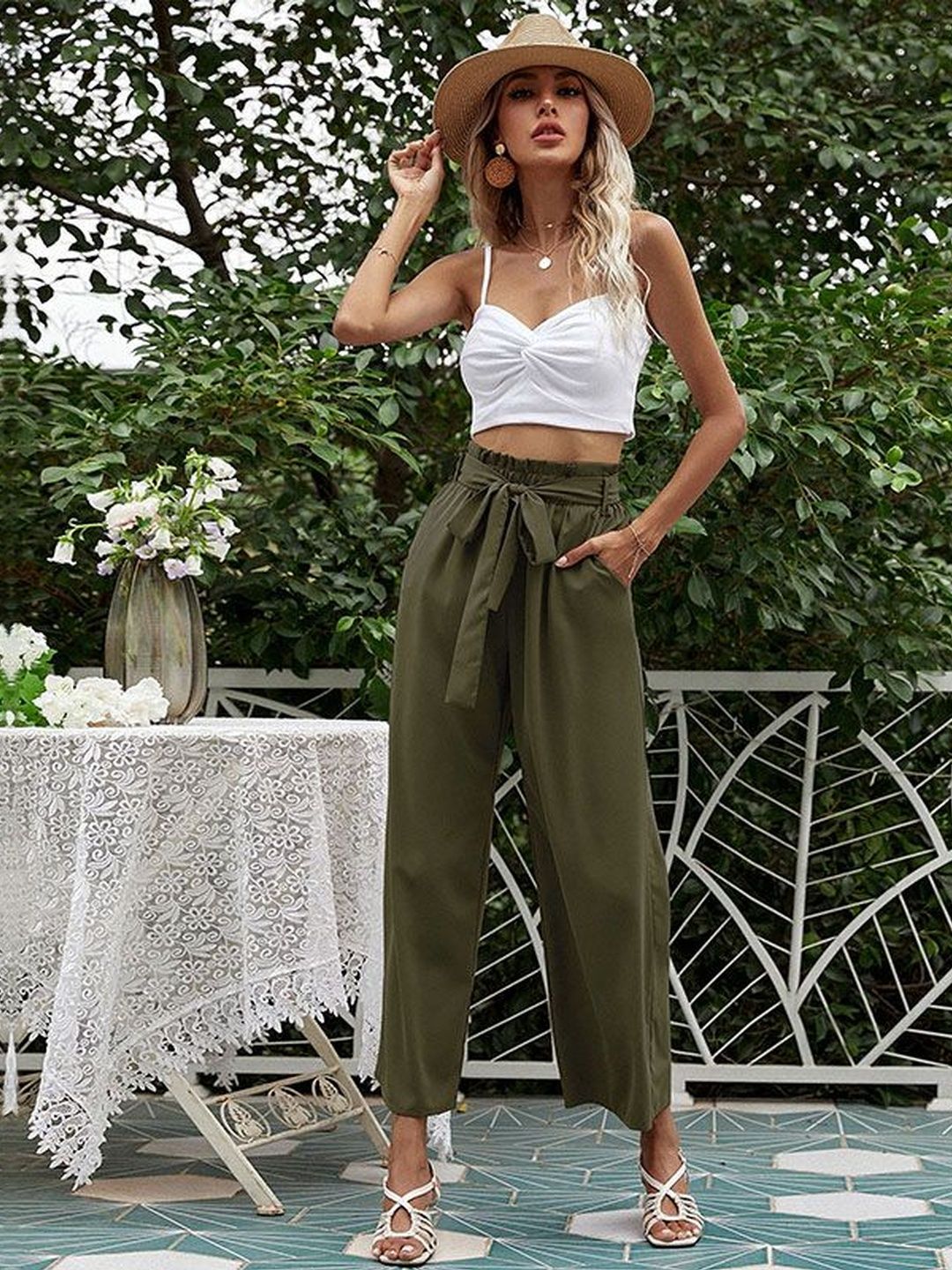 High-Rise Non Iron Trousers in Green cotton - Nowi Korean Fashion