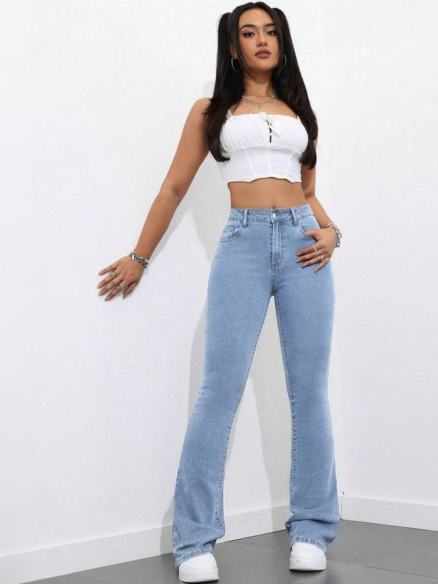 Bootcut High-Rise Light Fade Stretchable Jeans in Blue cotton Style 403 - Nowi Korean Fashion