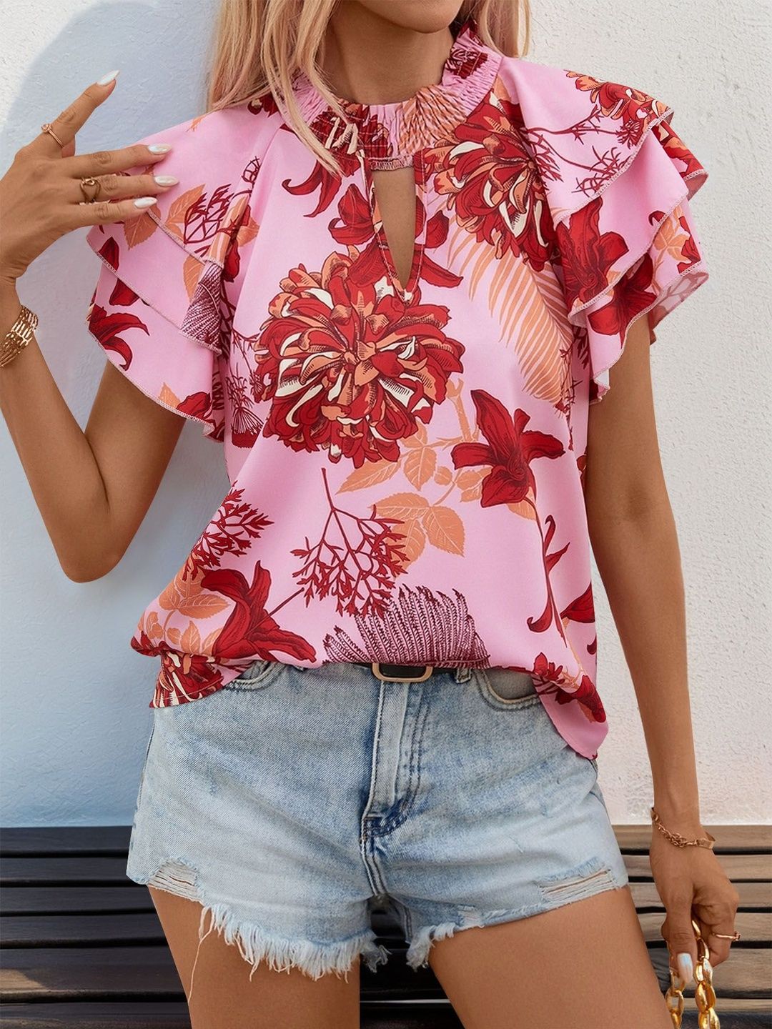 Floral Print Flutter Sleeve Ruffles Top