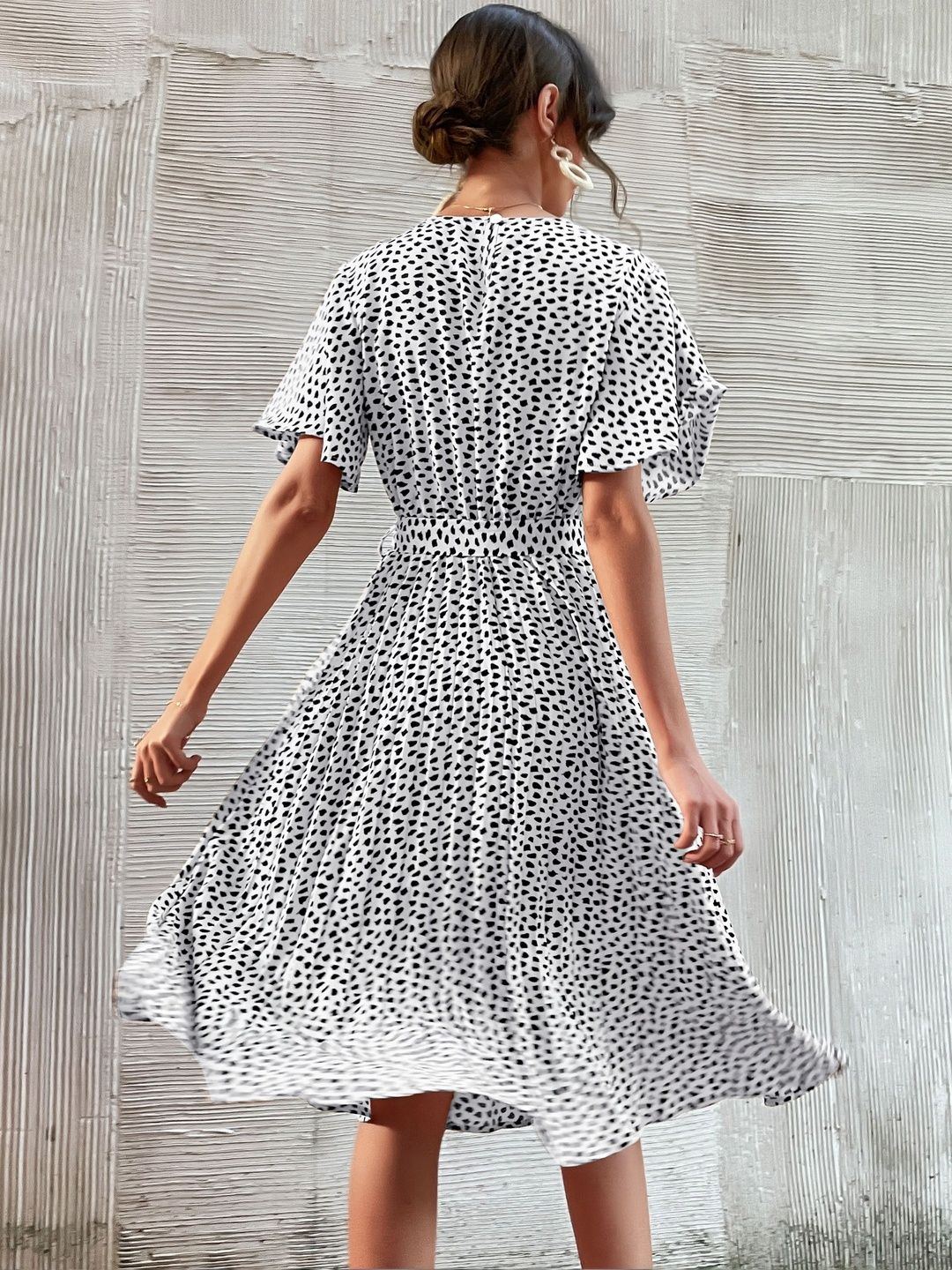 Polka Dot Print Flutter Sleeve Fit & Flare Midi Dress
