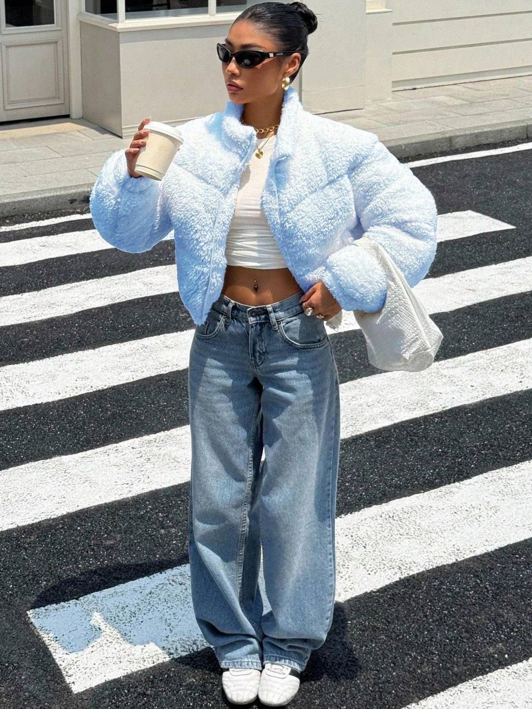 Woollen Lightweight Crop Puffer Jacket in Blue - Nowi Korean Fashion