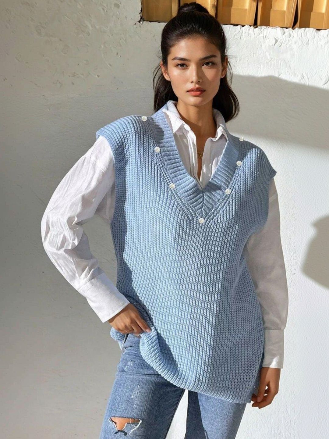 Ribbed Sweater Vest in Blue acrylic - Nowi Korean Fashion